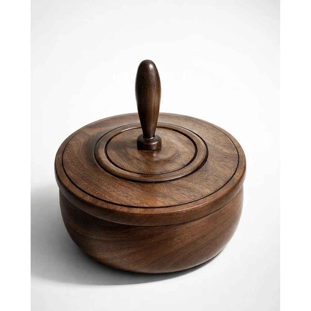 Vintage Wooden Bowl With Lid Mixed‎ Walnut Hand Turned MCM 70's Era Trinket Box